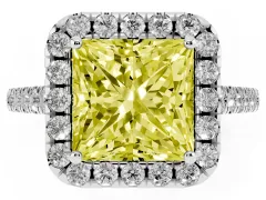 Fancy Yellow Princess Cut Diamond Pavé Halo Engagement Ring Set in Platinum with Pavé Band and Prong Setting