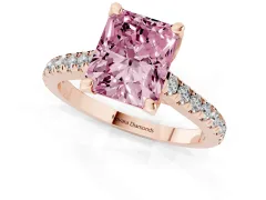 Fancy Pink Radiant Cut Diamond Solitaire Ring Set in Rose gold with Brilliant Pavé Band and Prong Setting