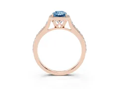Fancy Blue Radiant Cut Diamond Halo Engagement Ring Set in Rose gold with Round Pavé Shoulders and Heart Gallery