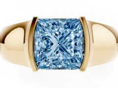 Fancy Blue Princess Cut Diamond Bezel Solitaire Ring Set in Yellow gold with Wide Band