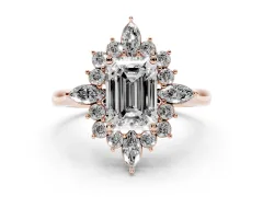 Emerald Cut Diamond Cluster Halo Ring Set in Rose gold with Marquise and Round Accents