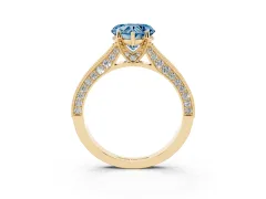 Fancy Blue Heart Cut Diamond Solitaire Ring Set in Yellow gold with Milgrain-Edged Pavé Band and Prong Setting