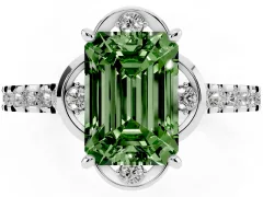 Fancy Green Emerald Cut Diamond Solitaire Ring Set in White gold with Pavé Band and Floral Prong Setting