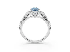Fancy Blue Oval Cut Diamond Solitaire Ring Set in Platinum with Hidden Halo and Pavé Band