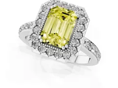 Fancy Yellow Emerald Cut Diamond Halo Ring Set in Platinum with Pavé Shank and Prong Setting