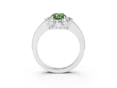 Fancy Green Oval Cut Diamond Halo Pavé Engagement Ring Set in White gold with Milgrain Detailing