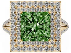 Fancy Green Princess Cut Diamond Double Halo Ring Set in Yellow gold with Pavé Band