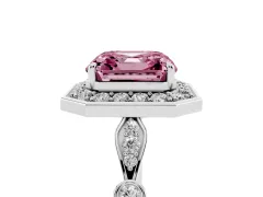 Fancy Pink Asscher Cut Diamond Halo Engagement Ring Set in Platinum with Twisted Band and Prong Setting