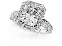 Radiant Cut Diamond Halo Engagement Ring Set in White gold with Accent Split Shank Band