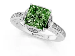 Fancy Green Princess Cut Diamond Halo Ring Set in Platinum with Channel Set Band and Prong Setting