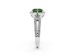 Fancy Green Radiant Cut Diamond Floral Halo Split Shank Engagement Ring Set in White gold with Pavé Shank