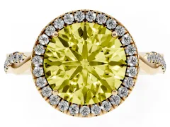Fancy Yellow Round Cut Diamond Halo Twist Band Solitaire Ring Set in Yellow gold with Prong Setting