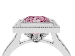 Fancy Pink Princess Cut Diamond Halo Milgrain Pavé Band Ring Set in Platinum with Prong Setting
