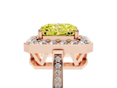 Fancy Yellow Radiant Cut Diamond Halo Ring Set in Rose gold with Accent-Lined Split Shank and Prong Setting