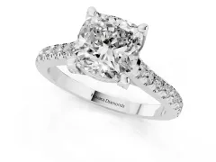 Cushion Cut Diamond Solitaire Ring Set in Platinum with Brilliant Pavé Band and Prong Setting