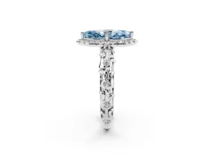 Fancy Blue Marquise Cut Diamond Halo Ring Set in Silver with Filigree Leaf Band and Prong Setting