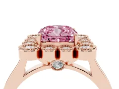 Fancy Pink Cushion Cut Diamond Cluster Halo Ring Set in Rose gold with Milgrain Bezel Accents and Plain Band