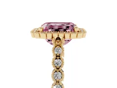 Fancy Pink Radiant Cut Diamond Halo Ring Set in Yellow gold with Pavé Milgrain Band