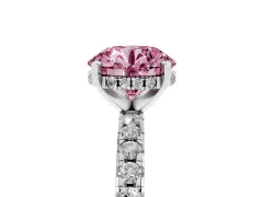 Fancy Pink Round Cut Diamond Pavé Solitaire Ring Set in Platinum with Round Band Accents and Prong Setting