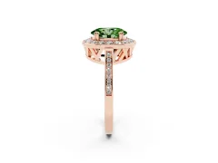 Fancy Green Oval Cut Diamond Halo Ring Set in Rose gold with Accent-Lined Split Shank and Prong Setting