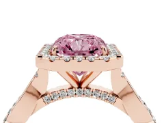 Fancy Pink Radiant Cut Diamond Halo Twist Band Solitaire Ring Set in Rose gold with Prong Setting