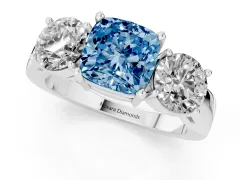 Fancy Blue Cushion Cut Diamond Three-Stone Ring Set in Silver with Round Side Stones and Classic Band