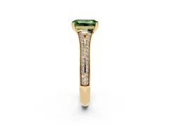Fancy Green Emerald Cut Diamond Split Shank Pavé Engagement Ring Set in Yellow gold with Prong-Set Center Stone