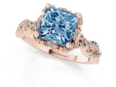 Fancy Blue Princess Cut Diamond Halo Twist Band Solitaire Ring Set in Rose gold with Prong-Set Center Stone