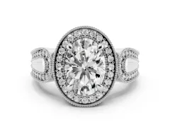 Oval Cut Diamond Halo Ring Set in White gold with Milgrain Accent Split Shank