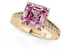 Fancy Pink Asscher Cut Diamond Solitaire Pavé Milgrain Engagement Ring Set in Yellow gold with Prong Setting