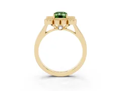 Fancy Green Emerald Cut Diamond Cluster Halo Ring Set in Yellow gold with Milgrain Bezel Accents and Plain Band