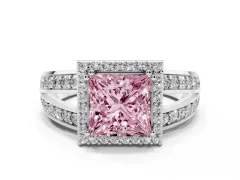 Fancy Pink Princess Cut Diamond Halo Ring Set in White gold with Double Pavé Split Shank