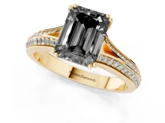 Fancy Black Emerald Cut Diamond Split Shank Pavé Engagement Ring Set in Yellow gold with Prong-Set Center Stone