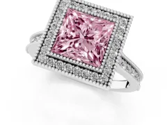 Fancy Pink Princess Cut Diamond Halo Milgrain Pavé Band Ring Set in Silver with Prong Setting