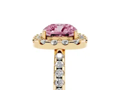 Fancy Pink Cushion Cut Diamond Pavé Halo Ring Set in Yellow gold with Prong Setting
