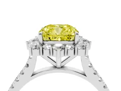 Fancy Yellow Cushion Cut Diamond Halo Ring Set in White gold with Pavé Band and Prong Setting