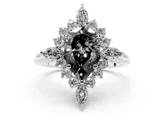 Fancy Black Pear Cut Diamond Cluster Halo Ring Set in White gold with Marquise and Round Accents