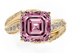 Fancy Pink Asscher Cut Diamond Solitaire Ring Set in Yellow gold with Layered Twist Pavé Band