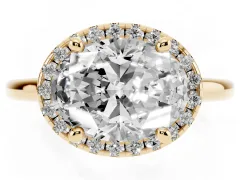Oval Cut Diamond Halo Engagement Ring Set in Yellow gold with Pavé Band and Rising Shoulders