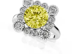 Fancy Yellow Round Cut Diamond Cluster Halo Ring Set in Platinum with Milgrain Bezel Accents and Plain Band