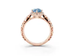 Fancy Blue Marquise Cut Diamond Halo Ring Set in Rose gold with Filigree Leaf Band and Prong Setting
