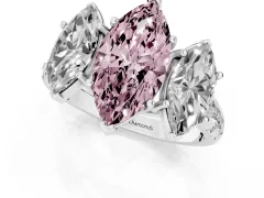 Fancy Pink Marquise Cut Diamond Three-Stone Ring Set in Platinum with Pavé Band