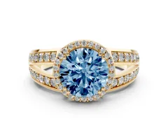Fancy Blue Round Cut Diamond Halo Ring Set in Yellow gold with Double Pavé Split Shank