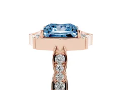 Fancy Blue Princess Cut Diamond Halo Engagement Ring Set in Rose gold with Milgrain Band and Prong Setting