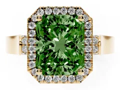 Fancy Green Radiant Cut Diamond Halo Ring Set in Yellow gold with Pavé-Lined Split Shank Band