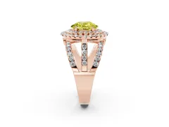 Fancy Yellow Oval Cut Diamond Double Halo Ring Set in Rose gold with Round Pavé Split Shank