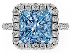 Fancy Blue Princess Cut Diamond Pavé Halo Engagement Ring Set in Platinum with Pavé Band and Prong Setting