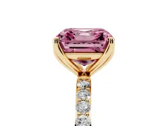 Fancy Pink Asscher Cut Diamond Solitaire Engagement Ring Set in Yellow gold with Round Pavé Band and Prong Setting