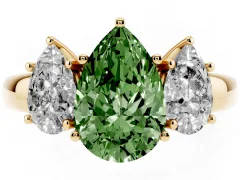 Fancy Green Pear Cut Diamond Three-Stone Ring Set in Yellow gold with Bold Center and Classic Band