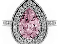 Fancy Pink Pear Cut Diamond Halo Milgrain Pavé Band Ring Set in Platinum with Prong Setting